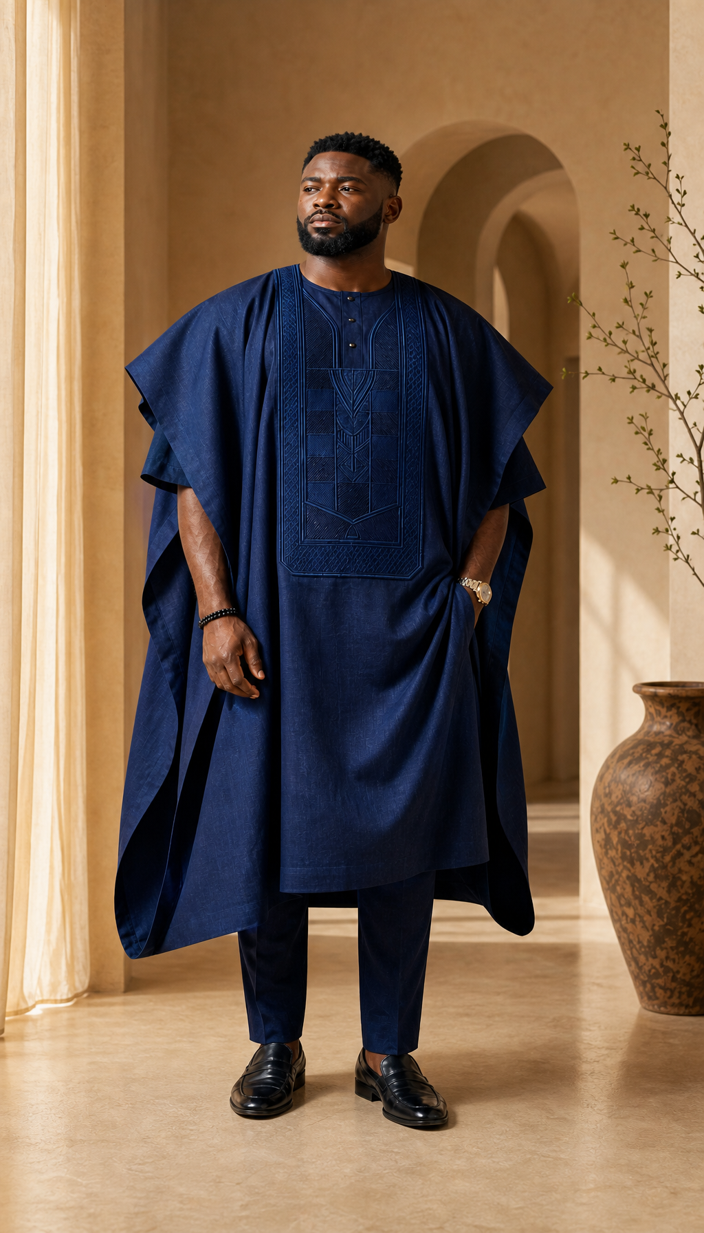 Editorial model wearing an indigo agbada set