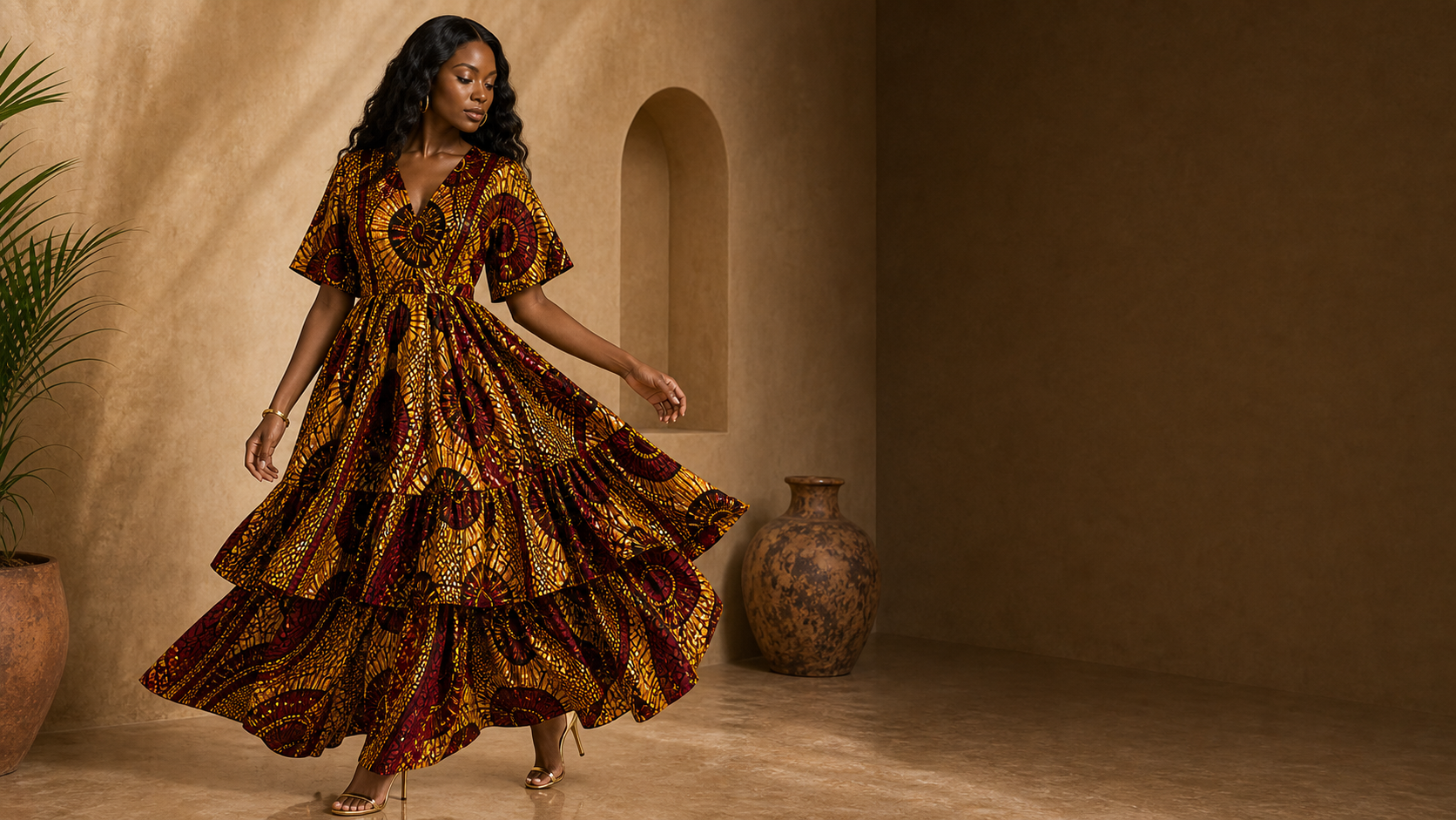 Editorial movement view of the Esi Tiered Maxi Dress