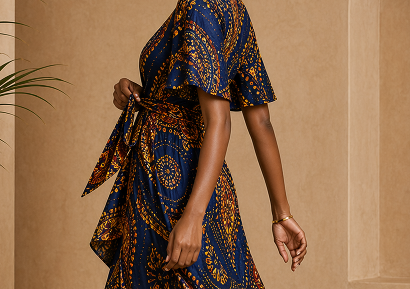 Close editorial view of the Kemi Wrap Dress