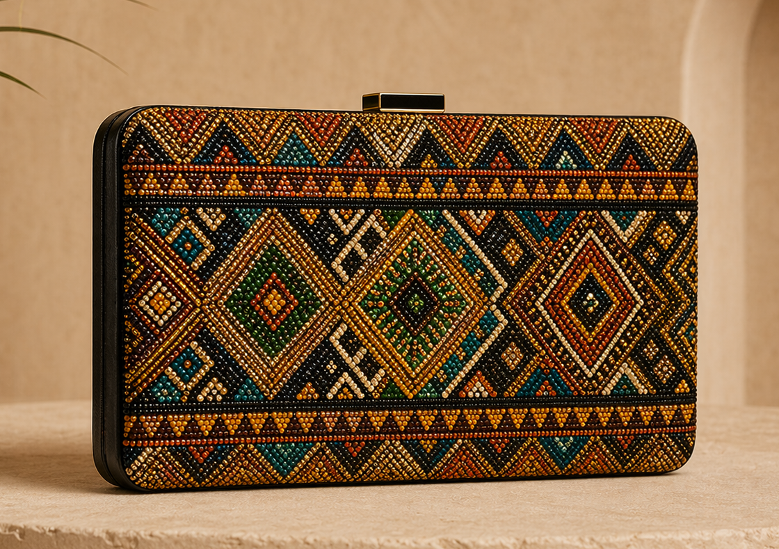 Close editorial view of the Mali Embellished Clutch