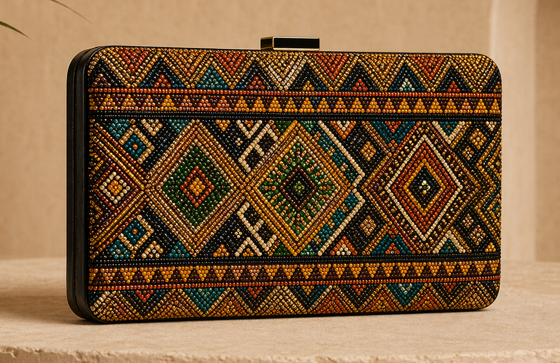 Detail editorial view of the Mali Embellished Clutch