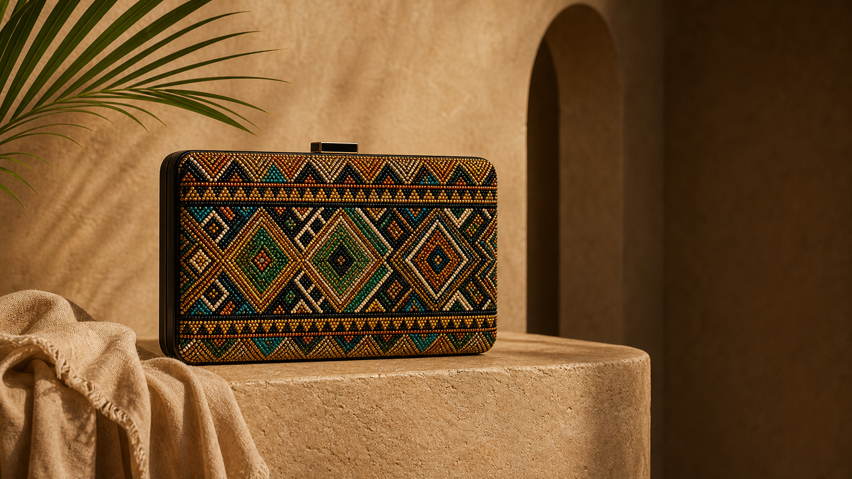 Editorial movement view of the Mali Embellished Clutch