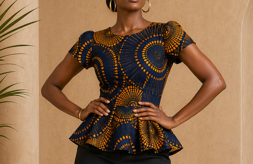 Detail editorial view of the Nia Peplum Top