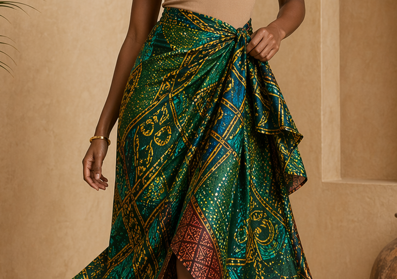 Close editorial view of the Sahara Wrap Skirt