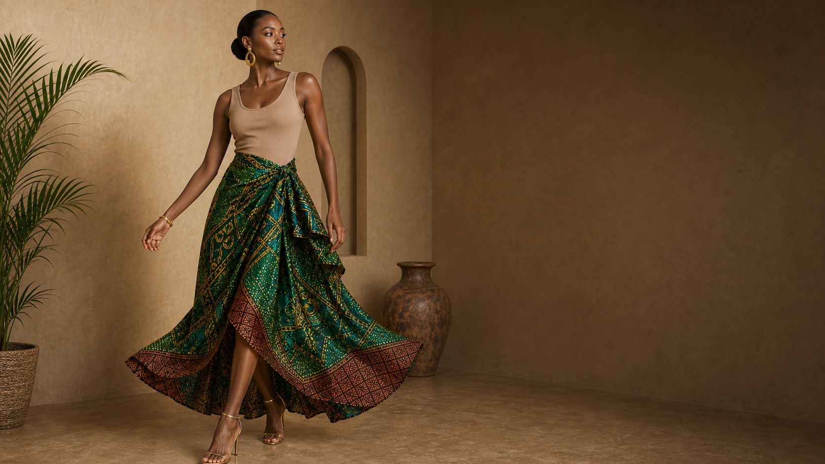 Editorial movement view of the Sahara Wrap Skirt