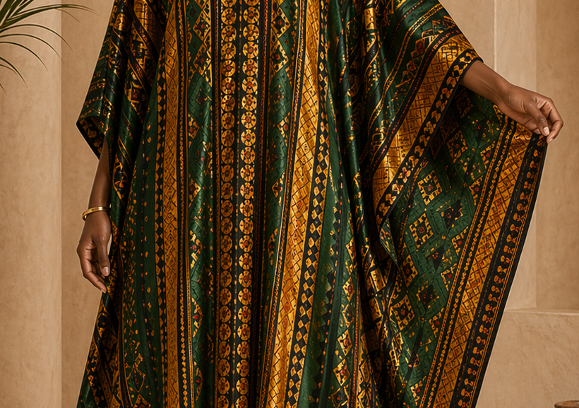 Close editorial view of the Zola Kaftan Dress