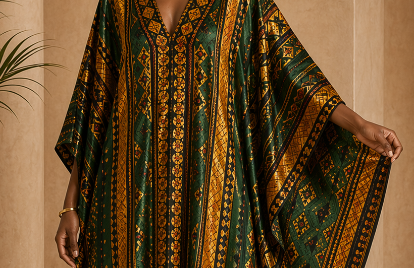 Detail editorial view of the Zola Kaftan Dress