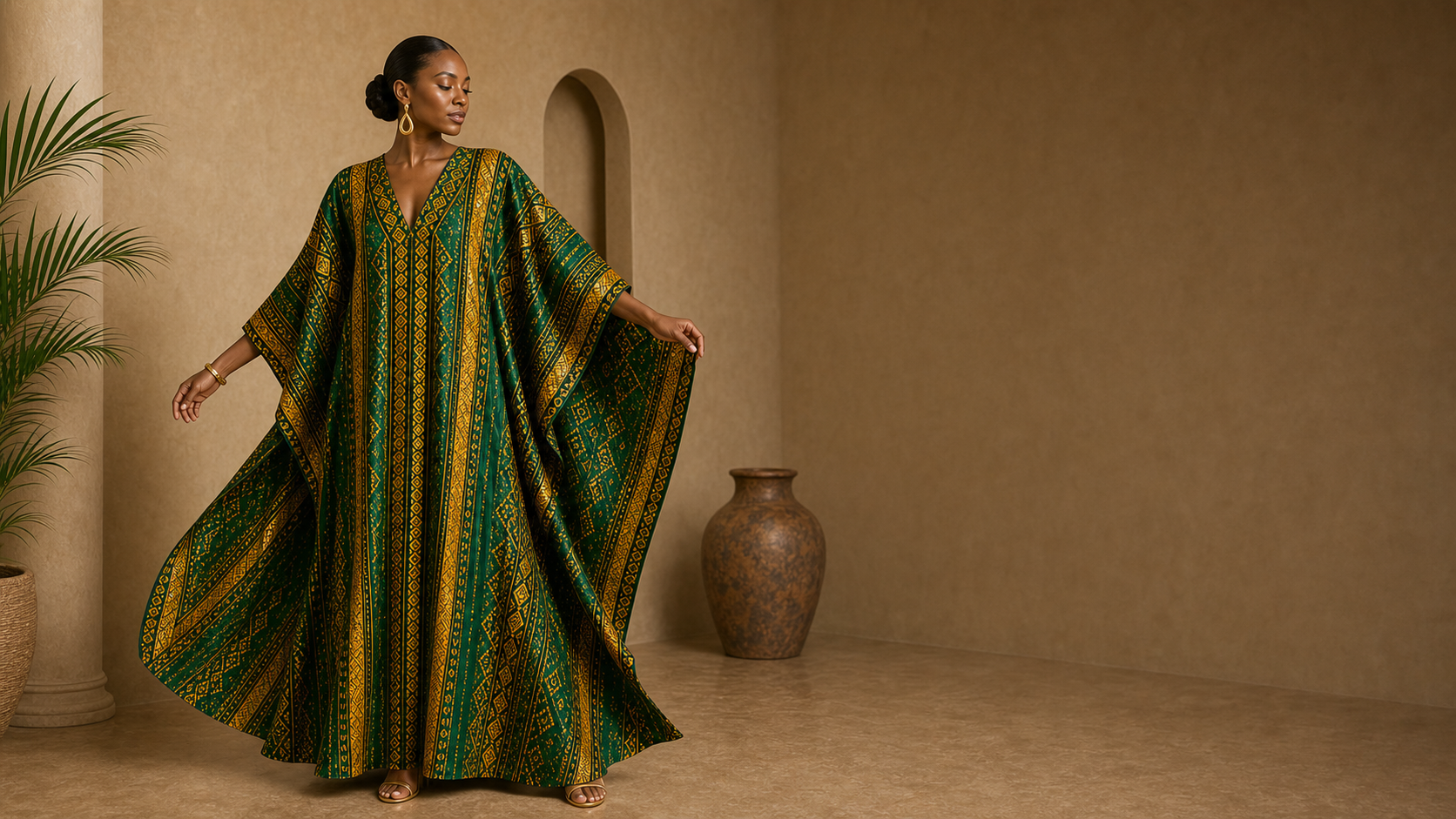 Editorial movement view of the Zola Kaftan Dress
