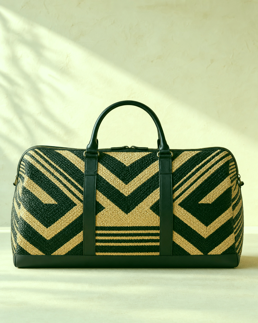 Detail editorial view of the Accra Woven Weekender Bag