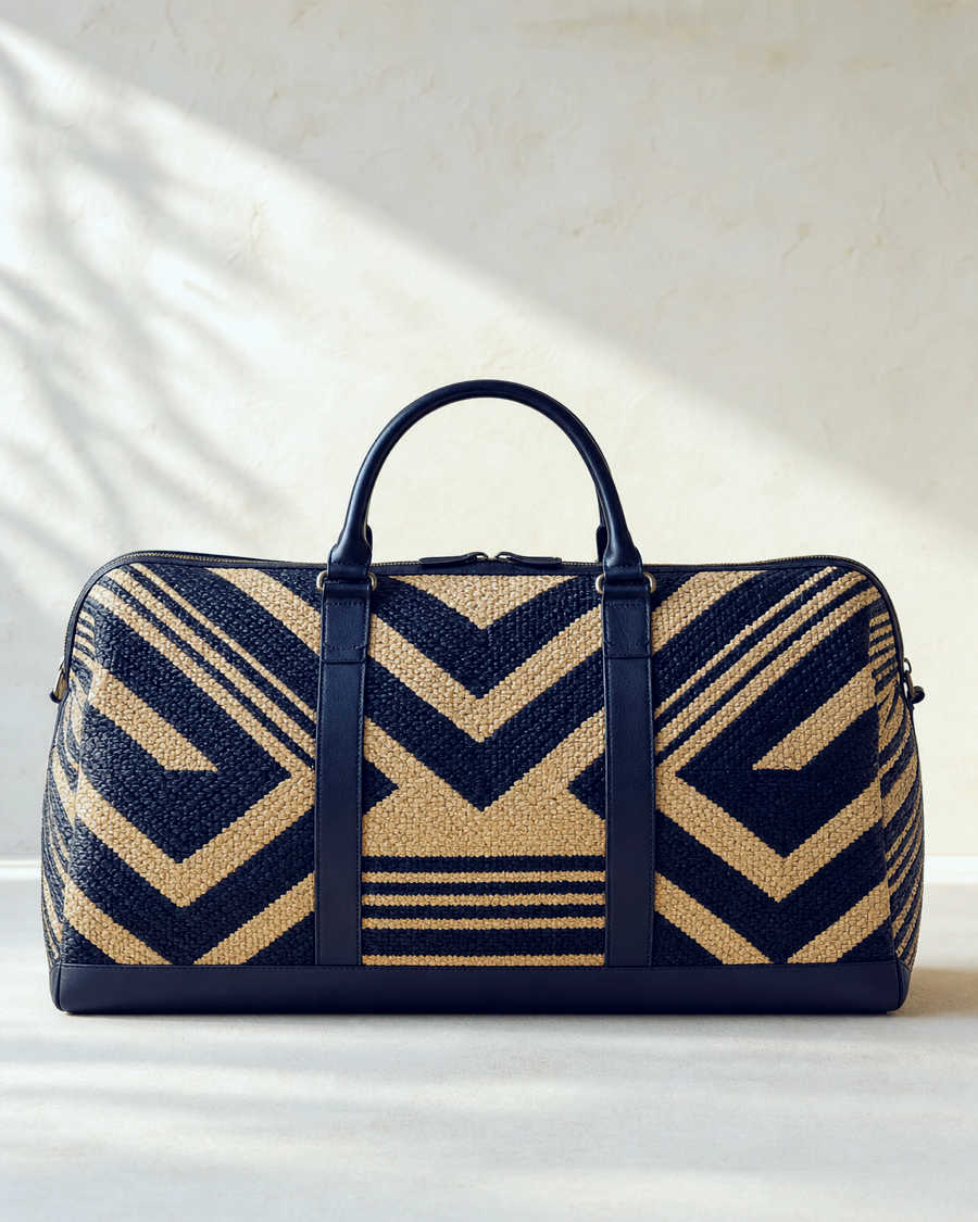 Editorial movement view of the Accra Woven Weekender Bag