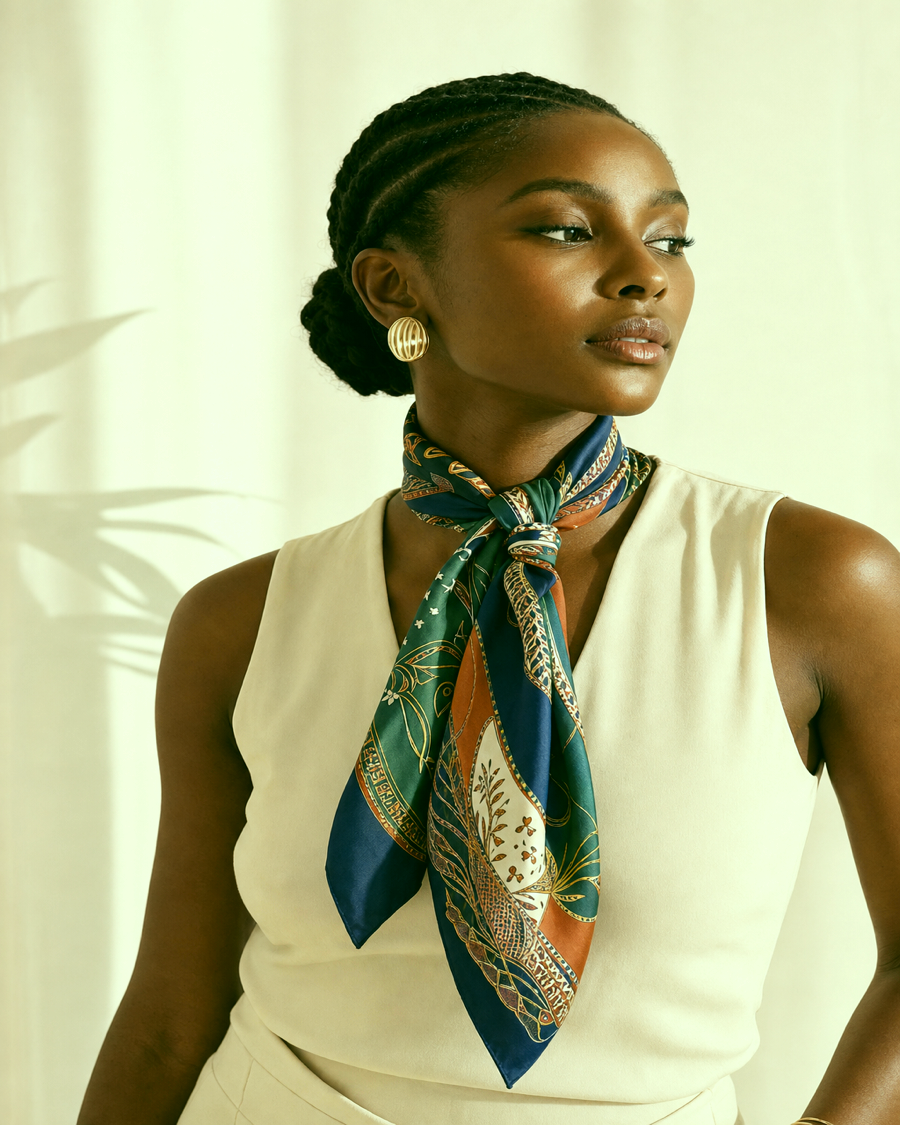 Detail editorial view of the Asha Printed Silk Scarf