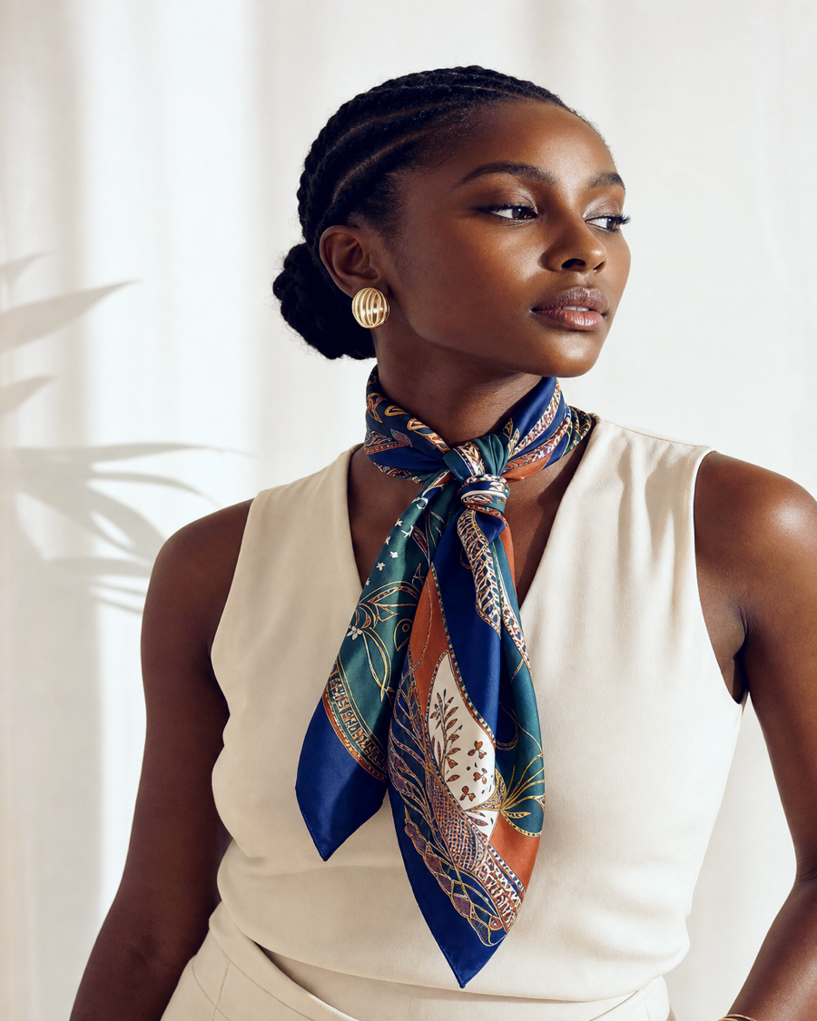 Editorial movement view of the Asha Printed Silk Scarf