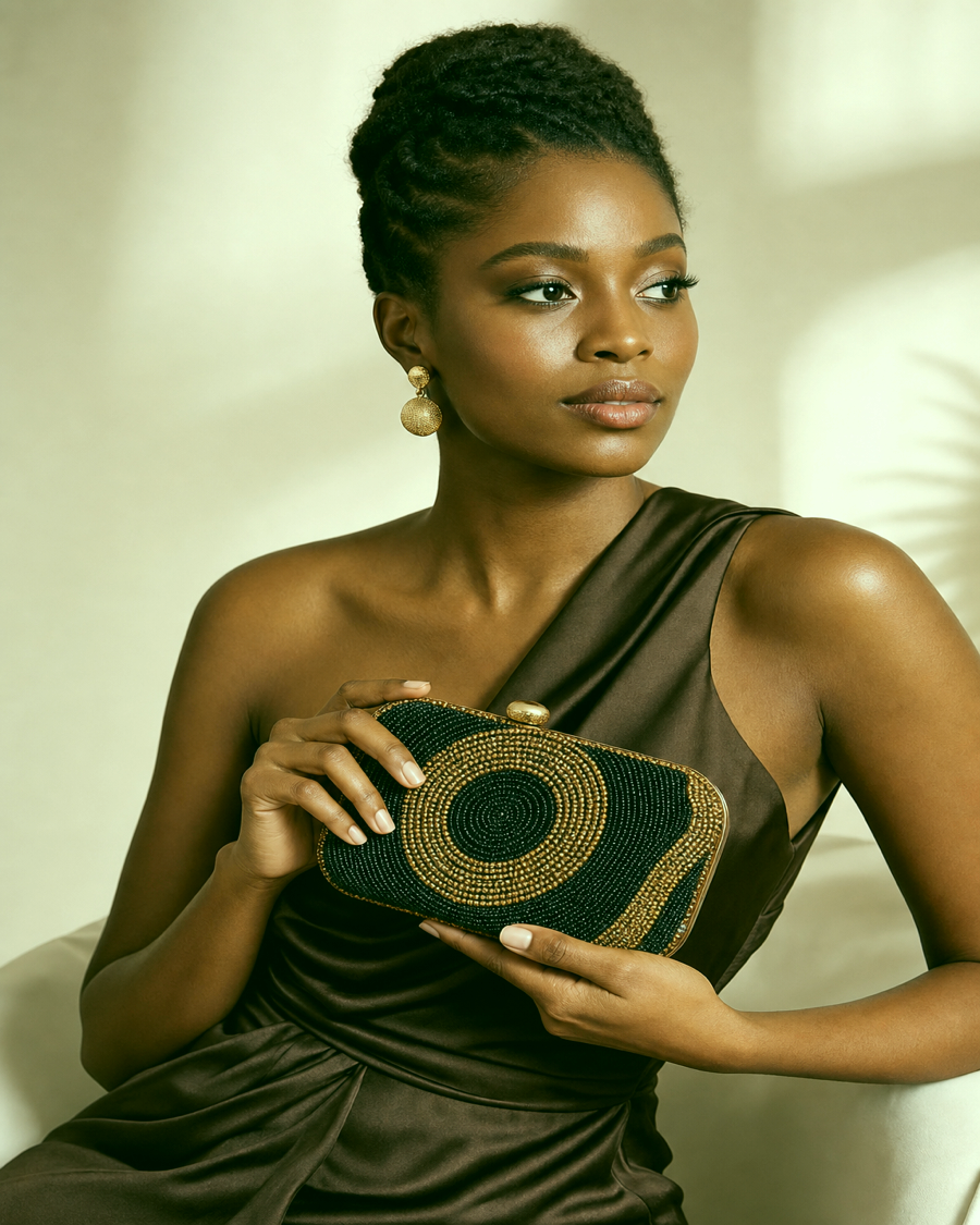 Detail editorial view of the Djembe Beaded Evening Clutch