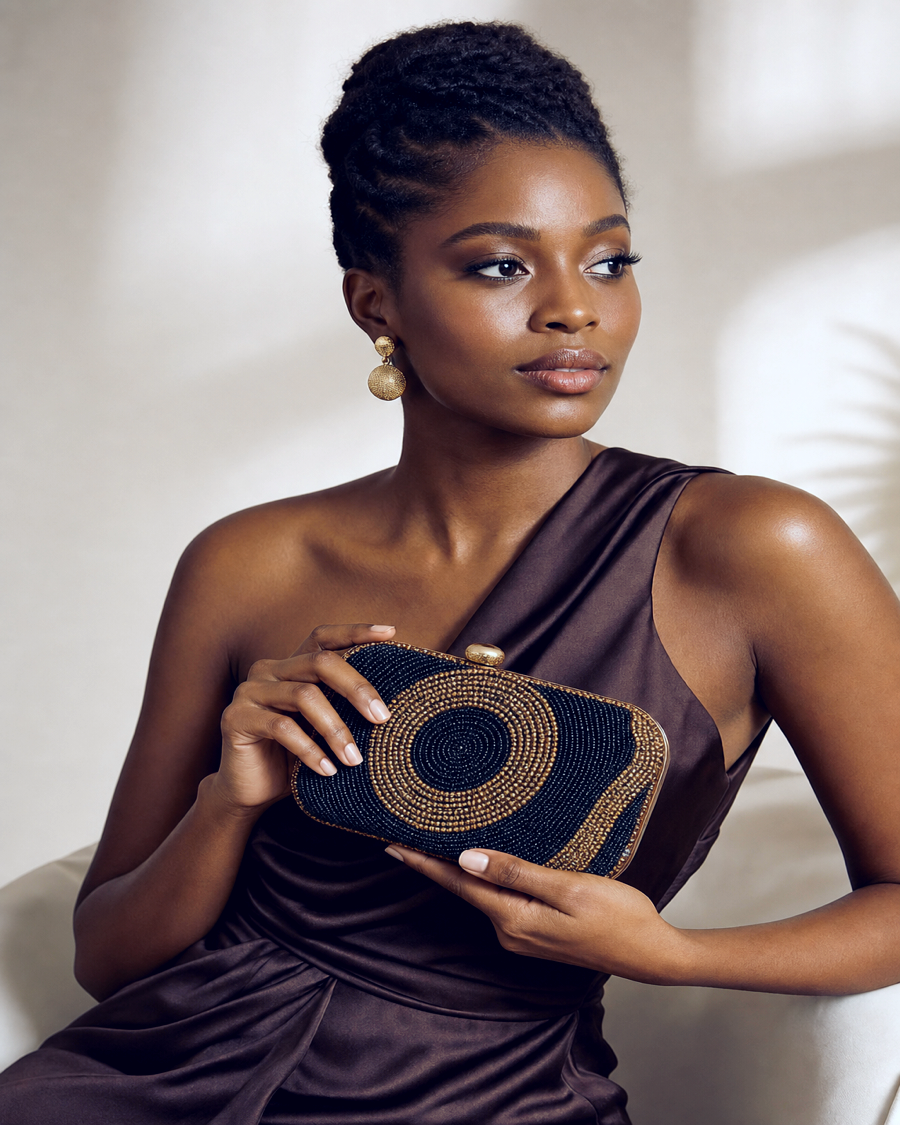 Editorial movement view of the Djembe Beaded Evening Clutch