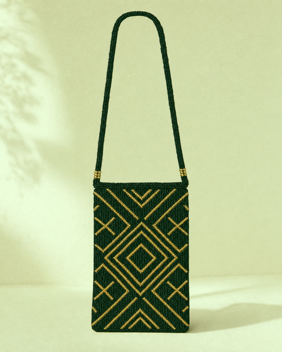 Detail editorial view of the Jali Beaded Phone Pouch
