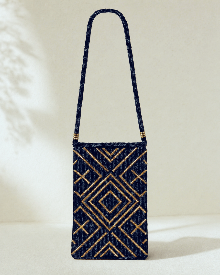 Editorial movement view of the Jali Beaded Phone Pouch