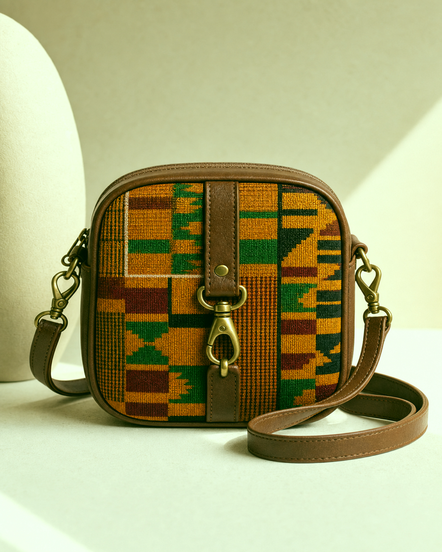 Detail editorial view of the Kora Kente Crossbody Bag
