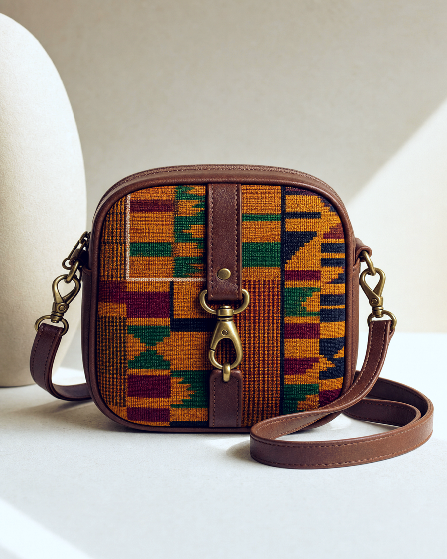 Editorial movement view of the Kora Kente Crossbody Bag