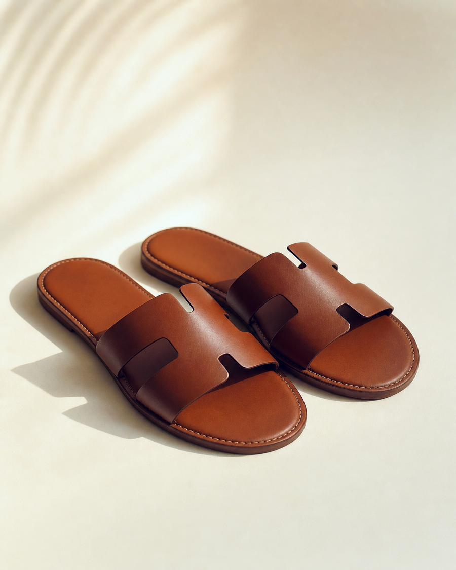 Editorial movement view of the Lamu Leather Slide Sandals