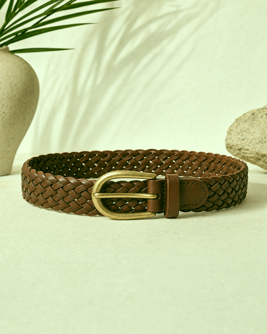 Detail editorial view of the Mara Braided Leather Belt