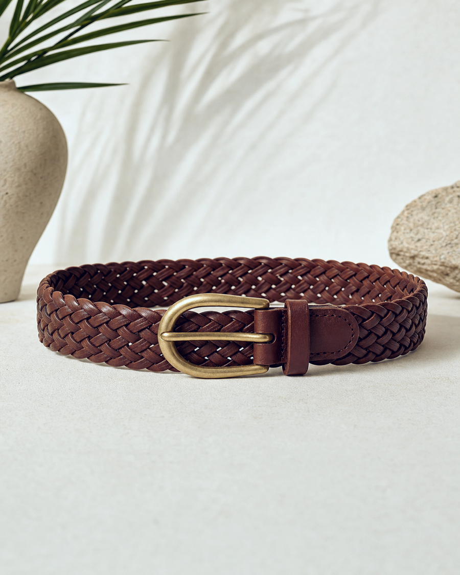 Editorial movement view of the Mara Braided Leather Belt