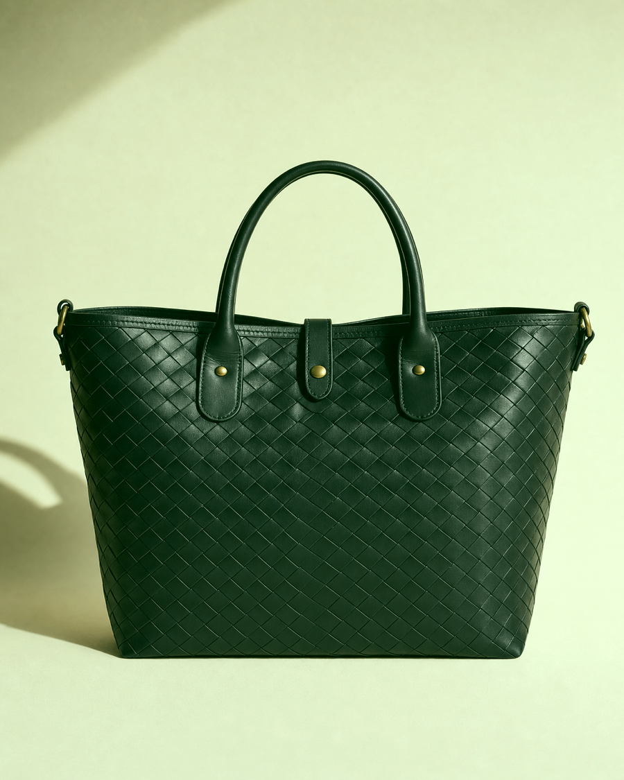 Detail editorial view of the Nuba Woven Leather Tote