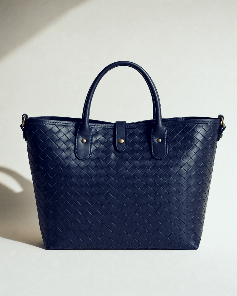 Editorial movement view of the Nuba Woven Leather Tote