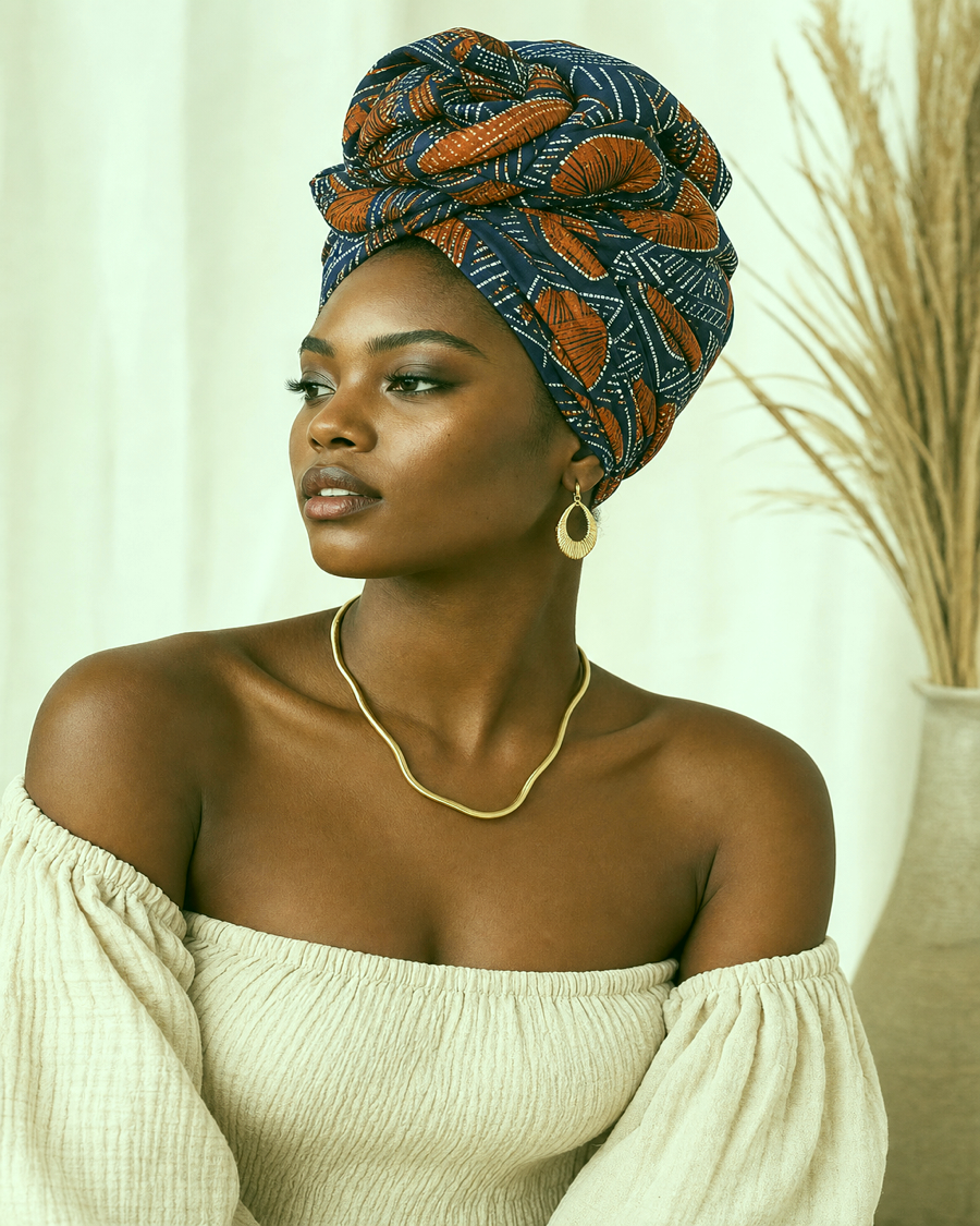 Detail editorial view of the Sika Patterned Headwrap