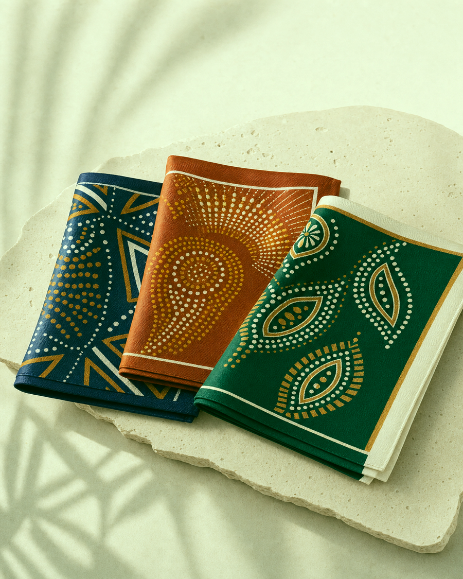 Detail editorial view of the Soleil Silk Pocket Square Set