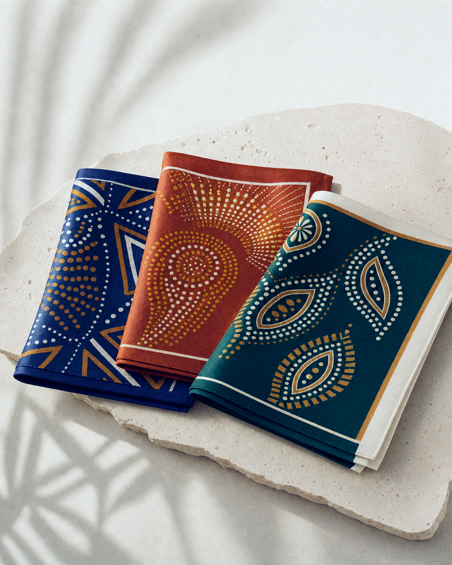 Editorial movement view of the Soleil Silk Pocket Square Set