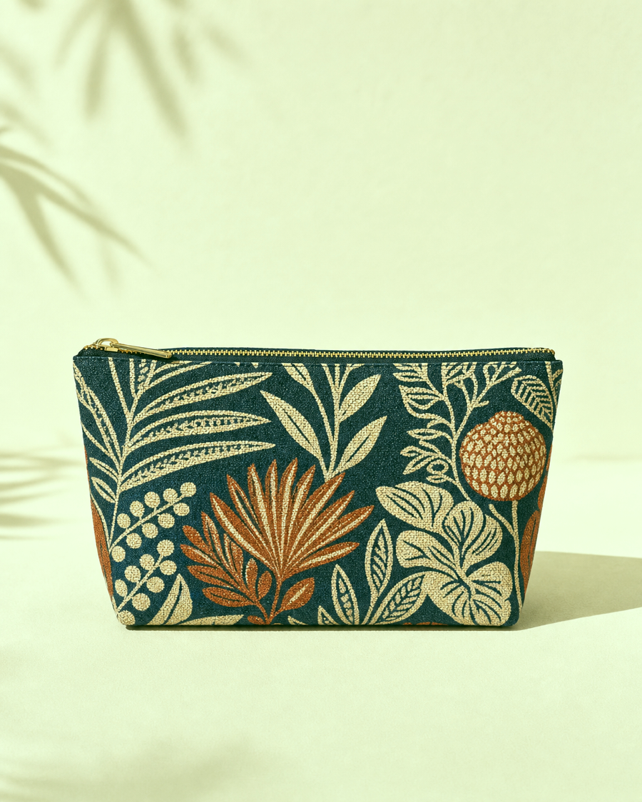 Detail editorial view of the Tula Printed Travel Pouch