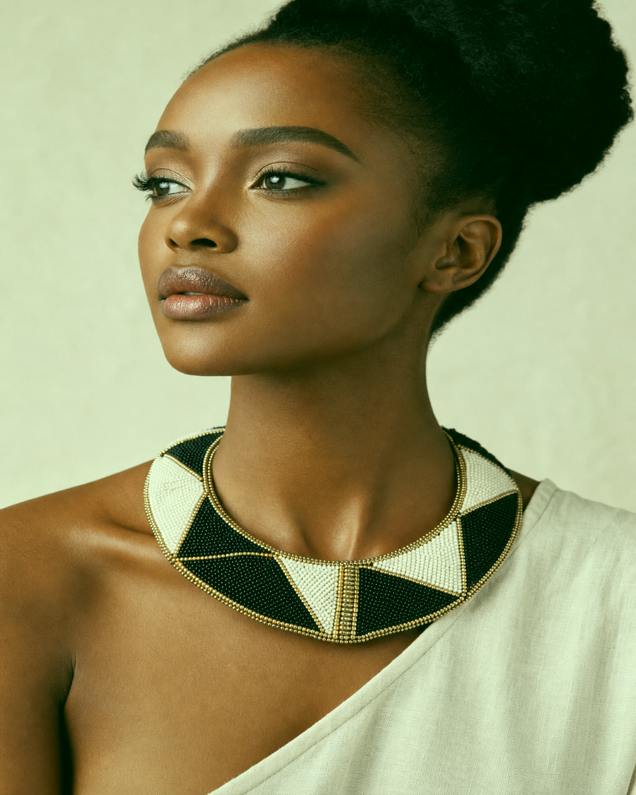 Detail editorial view of the Zuri Beaded Collar Necklace